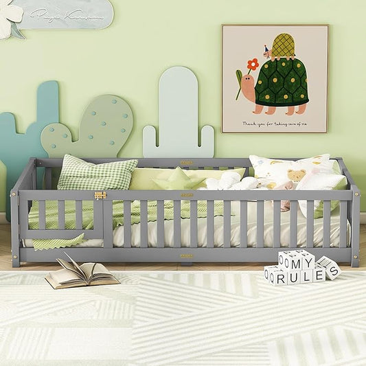 Bellemave Twin Floor Bed with Slats and Safety Guardrails, Kids Montessori Floor Beds with Fence and Door, Easy Assemble Floor Bed for Kids, Girls, Boys, Gray