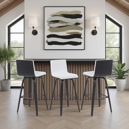 Vienna Modern Swivel Bar Height Stool with Snow White Faux Leather Seat and Black Brushed Wood Frame Set of 3