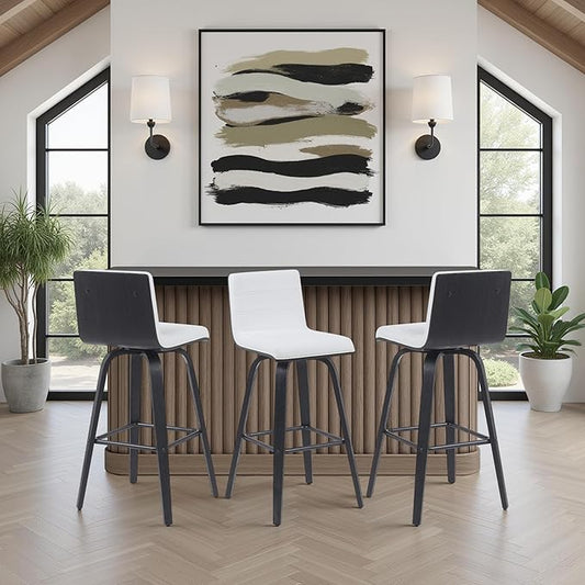 Vienna Modern Swivel Bar Height Stool with Snow White Faux Leather Seat and Black Brushed Wood Frame Set of 2