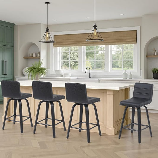 Armen Living Vienna Modern Swivel 26" Counter Height Barstool with Black Faux Leather and Black Wood Finish