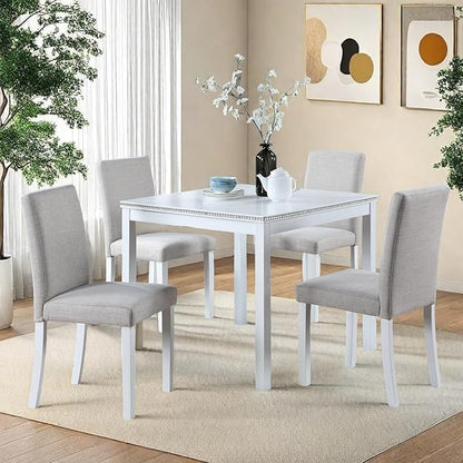 Dining Table Set for 4, 5-Piece Kitchen Table & Chairs Set with Versatile Square Table & 4 Upholstered Chairs, 34.5'' Dinner Set with Crystal Decorations & Wood Grain Design, Light White