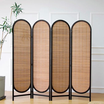 4 Panel Room Divider Screen and Folding Panel Divider in Arch Shape,Double Sided Bamboo Panel Screen for Room Separation,Brown,70.9" H x 70.9" W