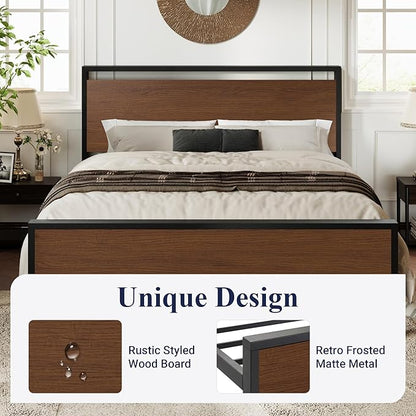 Allewie Queen Size Platform Bed Frame with Wooden Headboard and Footboard, Heavy Duty 12 Metal Slats Support, No Box Spring Needed, Under-Bed Storage, Noise Free, Easy Assembly, Walnut