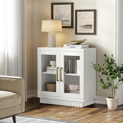 Buffet Cabinet with Storage, Sideboard Buffet with Glass Doors, Cupboard Console Table Accent Cabinet for Hallway, Entry, Kitchen, Living Room, Dining Room, Montauk White