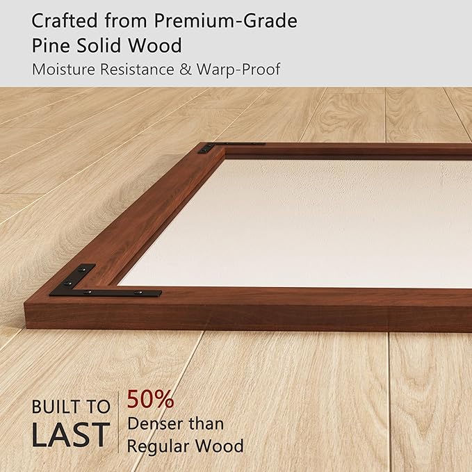 VocalStar Rustic Wood Framed Mirror 28 x 40 Inch, Natural Dark Brown Wooden Rectangle Bathroom Vanity Wall Mirror for Farmhouse Boho Decor, 1/4-inch Shatterproof Glass | Waterproof
