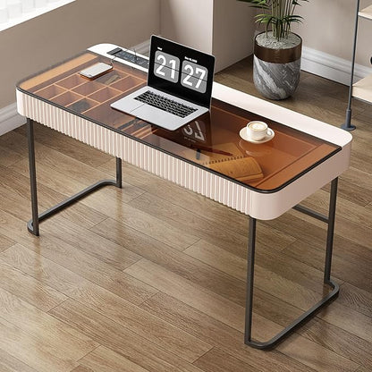 Lartis Office Desk with Drawers for Home Working Studying Computer Desk with Built-in Outlet Writing Desk Dressing Table Vanity Table no Mirror Intelligent Socket with USB Port