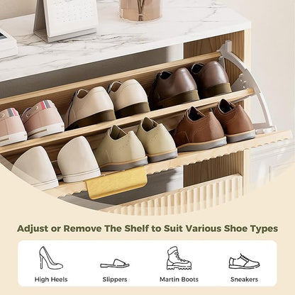 IRONCK Shoe Storage Cabinet with 3 Flip Drawers, Fluted Shoe Cabinet Storage for Entryway, Free Standing Wooden Shoe Organizer Cabinet for Hallway, Natural Oak