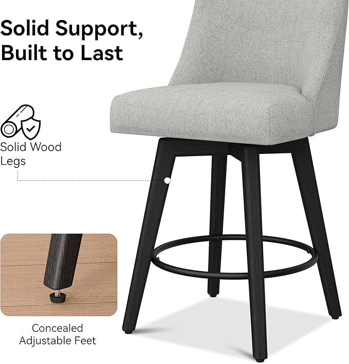 Counter Height Bar Stools Set of 2, Modern Swivel Barstools with Back and Wood Legs, Linen Fabric Upholstered Counter Height Stools, 26" H Kitchen Island Stools, Home Bar, Light Grey