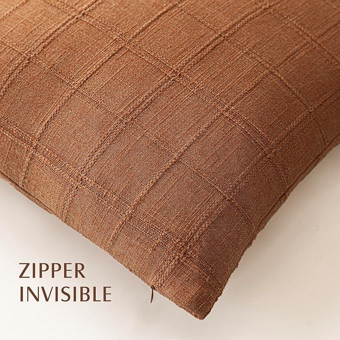 Foindtower Set of 2 Decorative Linen Check Throw Pillow Covers Neutral Farmhouse Lumbar Cushion Covers Modern Boho Home Decor for Sofa Chair Couch Bedroom Living Room Outdoor,12×20 Inch,Orange