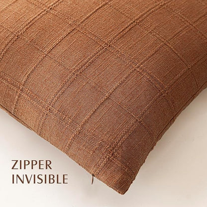 Foindtower Set of 2 Decorative Linen Check Throw Pillow Covers Neutral Farmhouse Vintage Cushion Covers Modern Boho Home Decor for Sofa Chair Couch Bedroom Living Room Outdoor,22×22 Inch,Orange