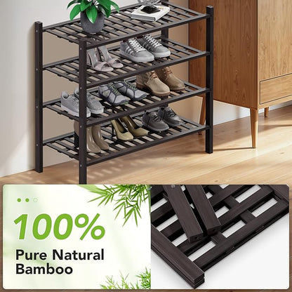 Haddockway 4 Tier Bamboo Shoe Rack Storage Organizer, Multifunctional Free Standing Stackable Shoe Shelf with Grid Panel for Closet,Hallway,Entryway,Small Space 27"x11"x26"(Brown, 4 Tier)