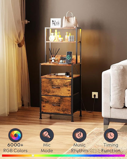 WLIVE Nightstand Set of 2 with Charging Station, LED Night Stand Sets with 2 Drawers and 4 Storage Open Shelves, Fabric Dressers for Bedroom, Rustic Brown
