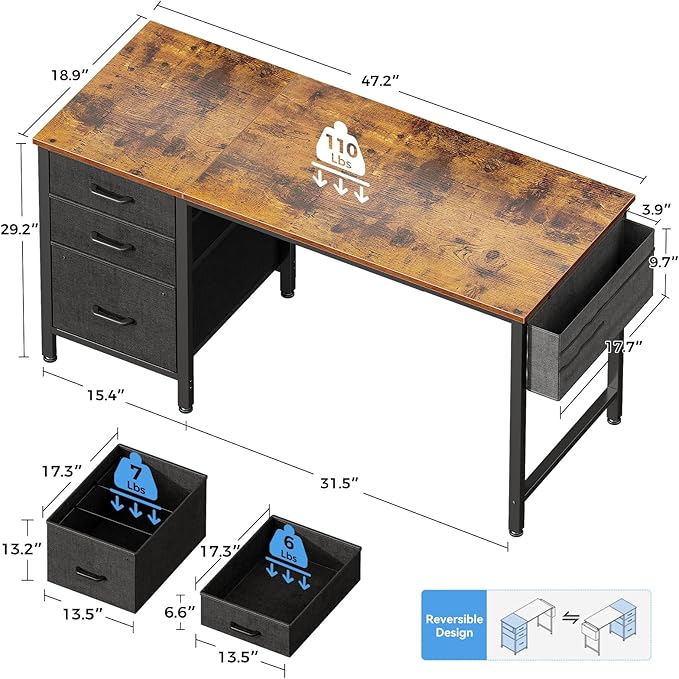 Casaottima 48" Small Computer Home Office Desk for Bedroom with Fabric Drawers & File Cabinet, Cloth Storage Bag and Hook, Writing Study Work Table for Small Space, Vintage