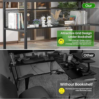 Unikito L Shaped Desk with LED Light and Power Outlet, Reversible Corner Computer Table with Monitor Stand and Storage Shelf, Modern L- Shaped Gaming Desk, Ergonomic Home Office Desk, Rustic Brown