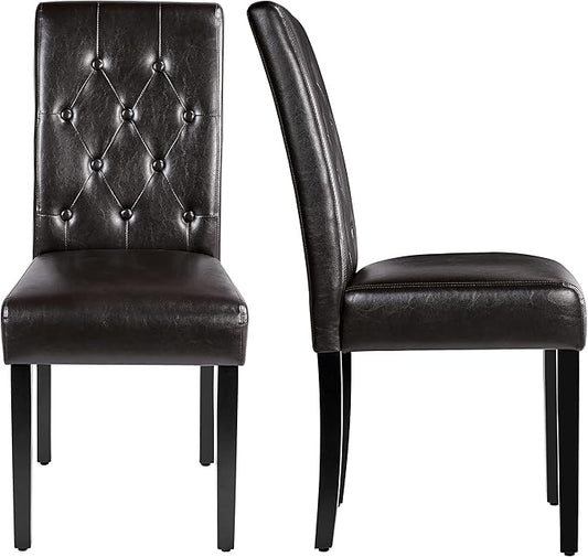 Yaheetech Dining Chairs Set of 2 Modern Style Faux Leather Dining Room Chairs with Solid Wood Legs and Button Tufted Padded for Home Kitchen, Brown
