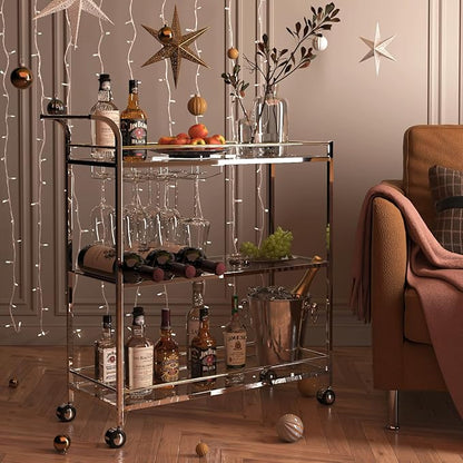 Bar Cart Silver, Home Bar Serving Cart, Modern Bar Cart with 3-Tier, Mobile Kitchen Shelf with Wine Rack and Glass Holder, Bar Carts for The Home, Dining Room, Living Room