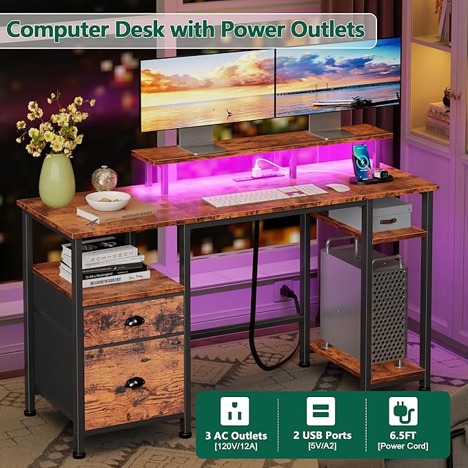 Furologee 51" Computer Desk with Power Outlet and LED Lights, Reversible Home Office Desk with File Cabinet & Monitor Stand, Large Gaming Table with Storage Shelves & Drawer, Rustic Brown