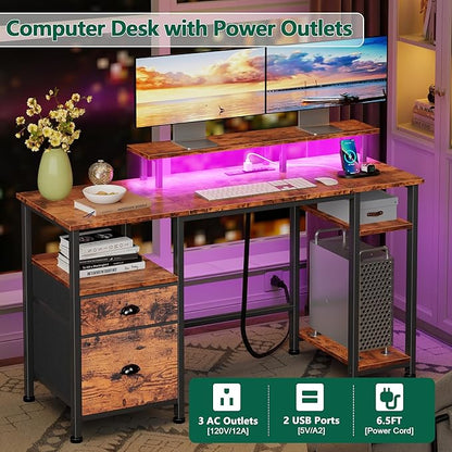 Furologee 51" Computer Desk with Power Outlet and LED Lights, Reversible Home Office Desk with File Cabinet & Monitor Stand, Large Gaming Table with Storage Shelves & Drawer, Rustic Brown