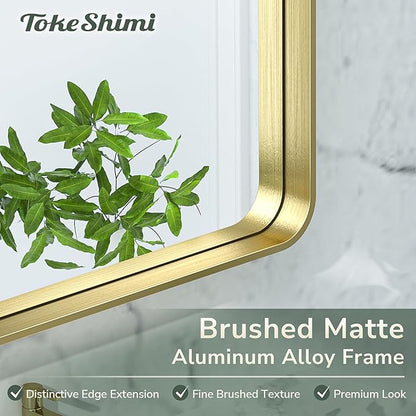 TokeShimi Bathroom Mirror for Wall 24 x 30 Inch Gold Brushed Brass Metal Rounded Corner Rectangle Mirror Wall Mirror in Metal Frame