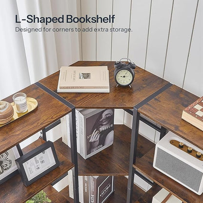 HOOBRO Industrial Corner Bookshelf, 5-Tier L-Shaped Bookcase, Open Display Storage Rack, Floor Standing Storage Shelf, for Living Room, Bedroom, Home Office, Rustic Brown and Black BF68SJ01