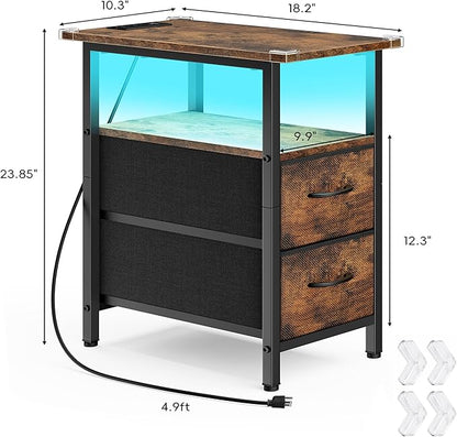 Vagusicc Set of 2 Nightstand with Charging Station and LED Lights, Narrow Side Table, LED Night Stand with 2 Fabric Drawers, Bedside Table Small End Table, Tall Nightstand for Bedroom, Rustic Brown