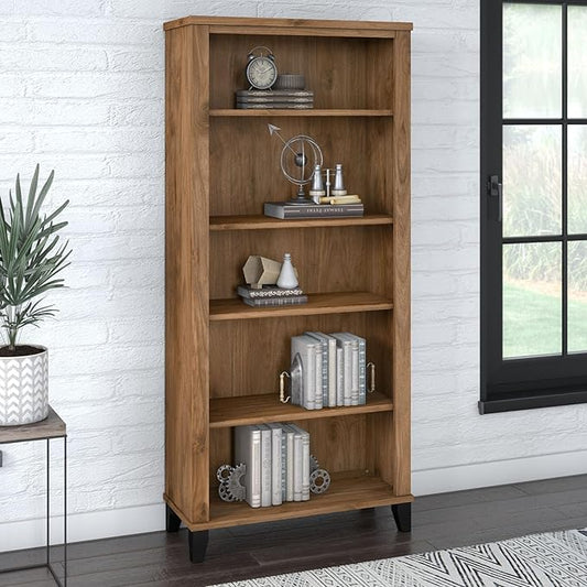 Bush Furniture Somerset 5 Shelf Bookcase in Fresh Walnut, Tall Bookshelf, Large Book Shelf for Living Room, Home Office, or Entryway