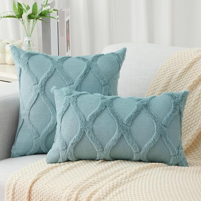 decorUhome Throw Pillow Covers 26x26 Inch Set of 2, Soft Plush Faux Fur Wool Aqua Couch Pillow Covers, Decorative Neutral Pillow Cases for Bed Sofa Living Room Home Decor