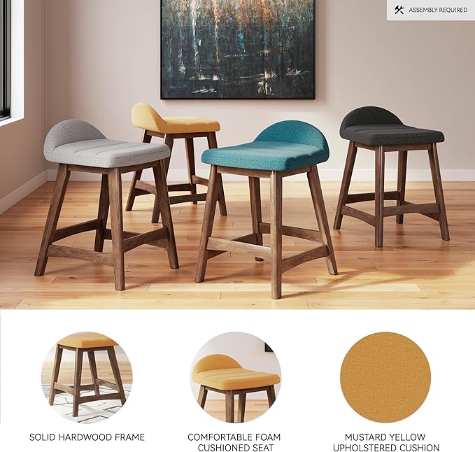 Signature Design by Ashley Lyncott Contemporary 28.5" Counter Height Upholstered Bar Stool with Foam Cushion, 2 Count, Mustard & Brown