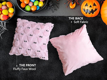 4TH Emotion Halloween Ghost Decorative Pillow Covers 20x20 Set of 2, Pink Soft Plush Faux Fur Farmhouse Throw Cushion Cases for Fall Autumn Holiday Home Decorations