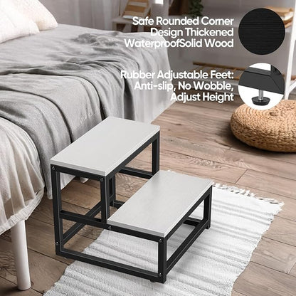 Wood and Metal 2 Step Stool for Adults & Kids – Heavy Duty Rustic Step Stools, 500 Lbs Capacity Non-Slip Stepping Stool for High Beds, Kitchen, Bathroom, Closet, Durable Foot Stool for Home Use,White