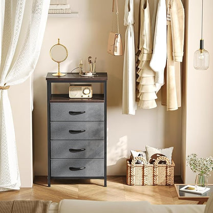 Huuger Night Stand with Charging Station, 4 Drawer Dresser for Bedroom, Bedside Table, 33.9 Inch Tall Nightstand with Open Shelf, End Table, for Closet, Entryway, Bedroom, Walnut
