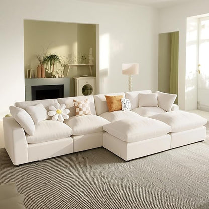 134.4 Inch U-Shaped Oversized Upholstered Sectional Sofa with Removable Ottomans, Large 6 Seater Modular Combination Corner Couch for Living Room, Office, Spacious Space, Beige