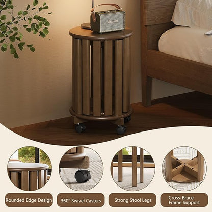Stackable Stools Set of 4, 4‑in‑1 Bamboo Nesting Stools & End Tables with Wheels, 18″ Round Portable Barstools No‑Assembly Stool for Kitchen Living Room Bar Dorm, Walnut