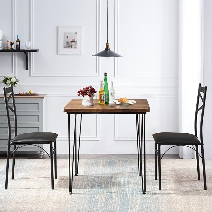 VECELO 3-Piece Dining Room Kitchen Table and Pu Cushion Chair Sets for Small Space