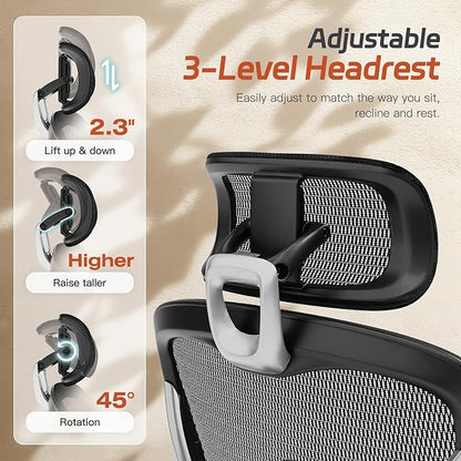 Ergonomic Office Chair, Mesh Desk Chair with Footrest, 3D Armrest - 215° Rotation, Adjustable Lumbar Support & Headrest, 90°-120° Tilt Lock, Big and Tall Computer Gaming Chairs, Black