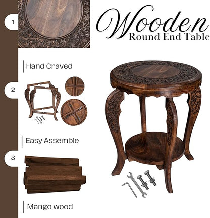 The Wooden Town Farmhouse Round Accent End Table,Rustic Side Table Nightstands for Living Room Bedroom,Coffee Tables,Wood Tray Top,Handcrafted Finish, 18"x22" - Burnt