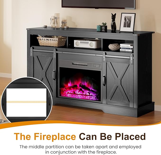 RoyalCraft Farmhouse TV Stand for 23" Fireplace, 34'' Tall Entertainment Center for 65+ Inch TV, 34" Tall Rustic TV Console with Sliding Bar Door for Living Room Black