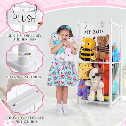 Stuffed Animal Storage Zoo, Wooden Stuffed Animal Organizer with Elastic Cords for Boys Girls, Space Saving Toy Plushies Storage Holder for Playroom, Bedroom, Living Room (White, Small)