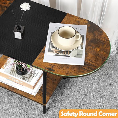Coffee Tables for Living Room,2-Tier Small Coffee Table Farmhouse Oval Center Table with Storage Shelf and Wood Tabletop,for Small Space,Home Office,Black & Brown