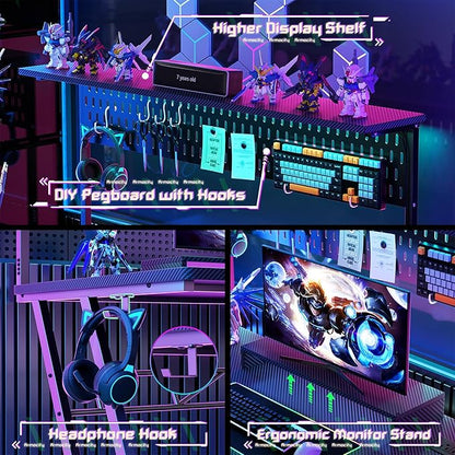 Armocity Gaming Computer Desk with Hutch and LED Lights, 53'' Black Gaming Desk with Storage Shelves, Reversible PC Gamer Desks with Pegboard, Ergonomic Desk for Bedroom, Carbon Fiber Surface