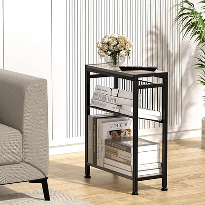 Small Side Table Set of 2 for Small Space, 3-Tier Narrow End Table with Magazine Holder, Slim Nightstand, Skinny Snack Couch Table in Living Room, Bedroom, Kitchen and Balcony (Greige)