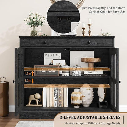GarveeHome 35.4" Sideboard Buffet Cabinets with Glass Door, Buffet Cabinet with Storage, Black Sideboard Cabinet with Drawer, Modern Buffets & Sideboards for Dining Room, Kitchen