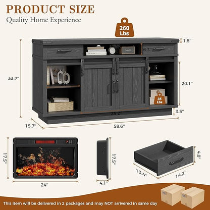 59'' Fireplace TV Stand with 3D Flame Electric Fireplace Heater, 34'' Tall Farmhouse TV Stand for 65 Inch TV, Entertainment Center TV Console with 2 Drawers, Sliding Barn Door for Living Room - Black