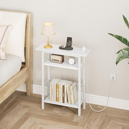 Vagusicc Narrow Side Table with Charging Station, Skinny Side End Table for Couch, 3-Tier Small End Tables for Small Spaces, 25.2" Tall Slim Nightstand Bedside Table for Living Room, Bedroom, White
