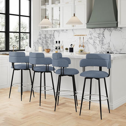 Swivel Bar Stools Set of 2, Counter Height Bar Stools with Ergonomic Full Back, Upholstered Linen Fabric Barstools with Chrome Metal Footrest for Kitchen Island, Dining Room