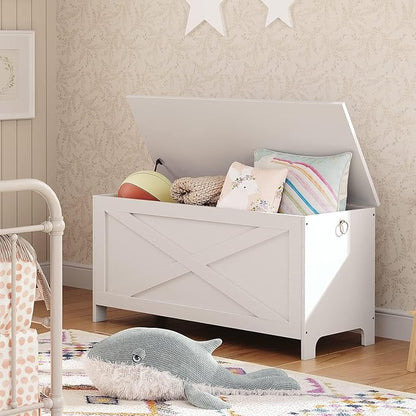 39.4" Toy Chest, Sturdy Entryway Storage Chest with Safety Hinges, Retro Toy Box, Wooden Look Accent Furniture for Living Room, Bedroom, White SCWT48101Z1