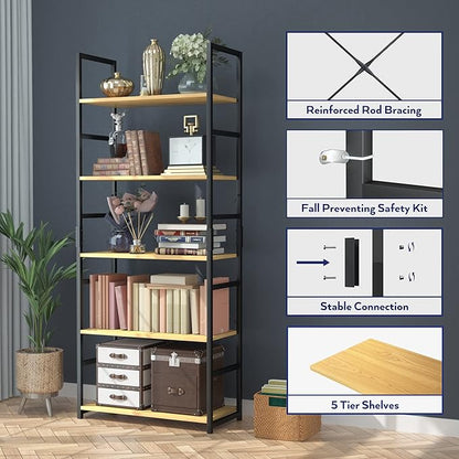 NUMENN 5 Tier Bookshelf, Tall Bookcase Shelf Storage Organizer, Modern Book Shelf for Bedroom, Living Room and Home Office, Natural