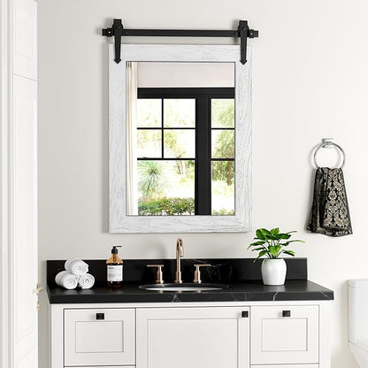 Bathroom Mirror for Over Sink 18”x24” Farmhouse Barn Door Mirror Rustic Wood Framed Wall Mirror for Bathroom, Bedroom, Entryway (White
