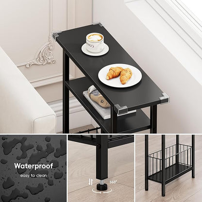 Vagusicc Narrow Side Table, 3-Tier Skinny End Table for Couch, Small side Tables for Small Spaces, Bed Side Table with Storage, 25.2" Tall Slim Nightstand Bedside table for Living Room, Bedroom, Black
