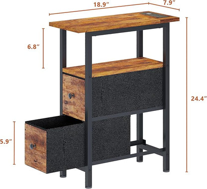 End Table Set 2 with Charging Station, Narrow Side Table with 2 Fabric Drawers, Skinny Nightstand with LED Light, Slim Bedside Table for Bedroom, Living Room, Small Spaces, Rustic Brown